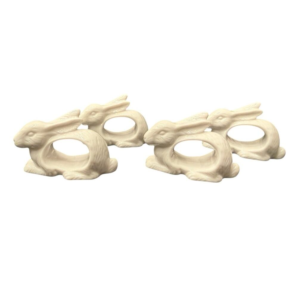 Vintage Shafford Porcelain Bunny Rabbit Napkin Rings Set of (4) Easter Decor
